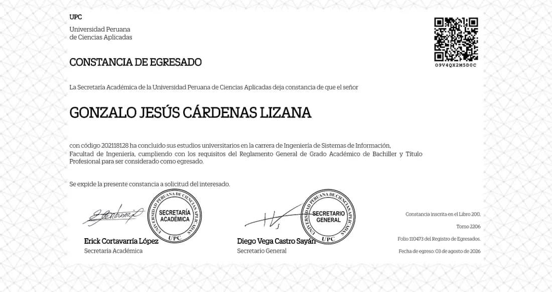 Constancia de egresado de Gonzalo Cárdenas